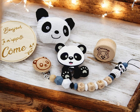 Coffret de naissance bois et silicone, thème Panda