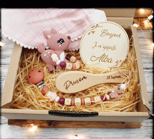 Coffret de naissance bois, thème Biche en silicone