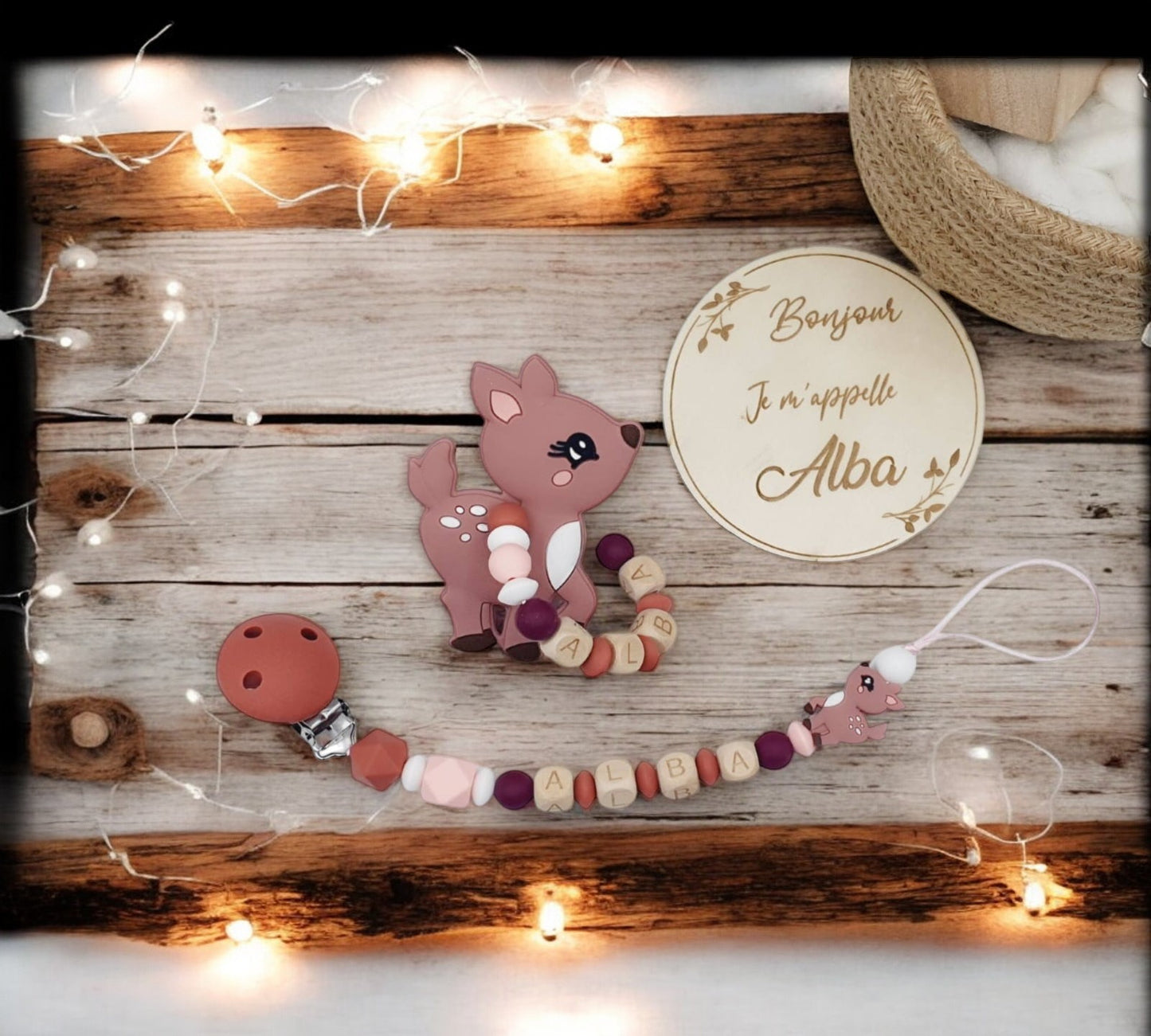 Coffret de naissance bois, thème Biche en silicone