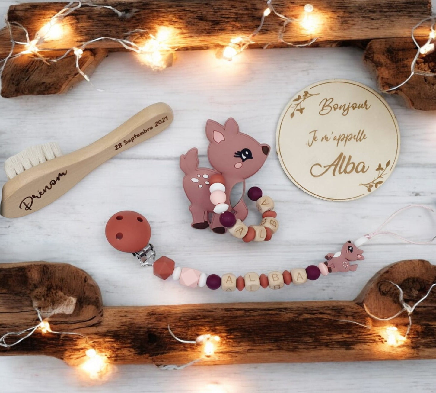 Coffret de naissance bois, thème Biche en silicone