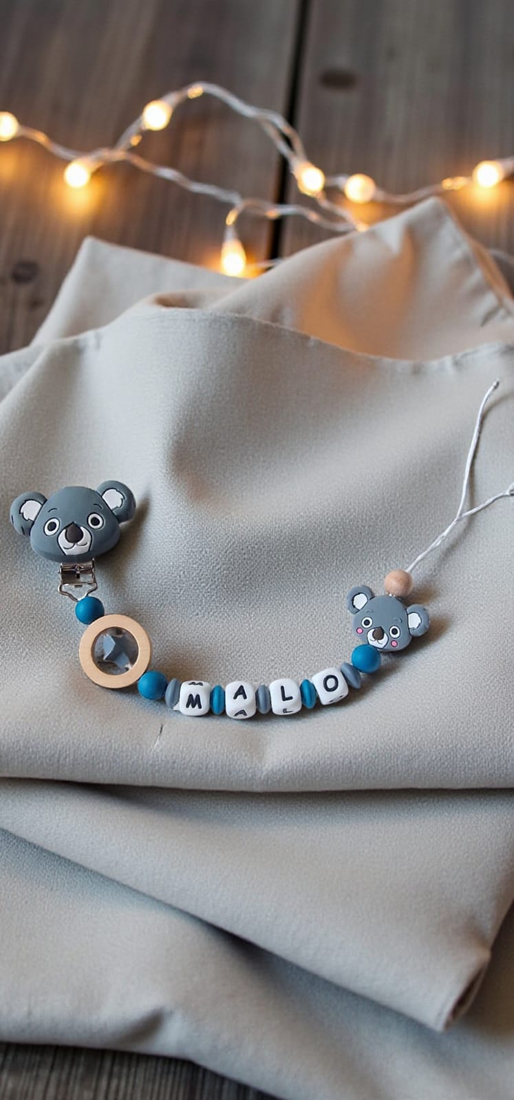 Attache tétine personnalisée koala – Prénom – Cadeau naissance mixte