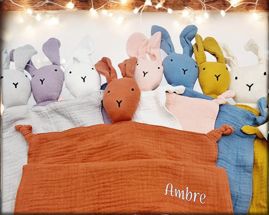 Doudou lapin en gaze de coton - Personnalisé